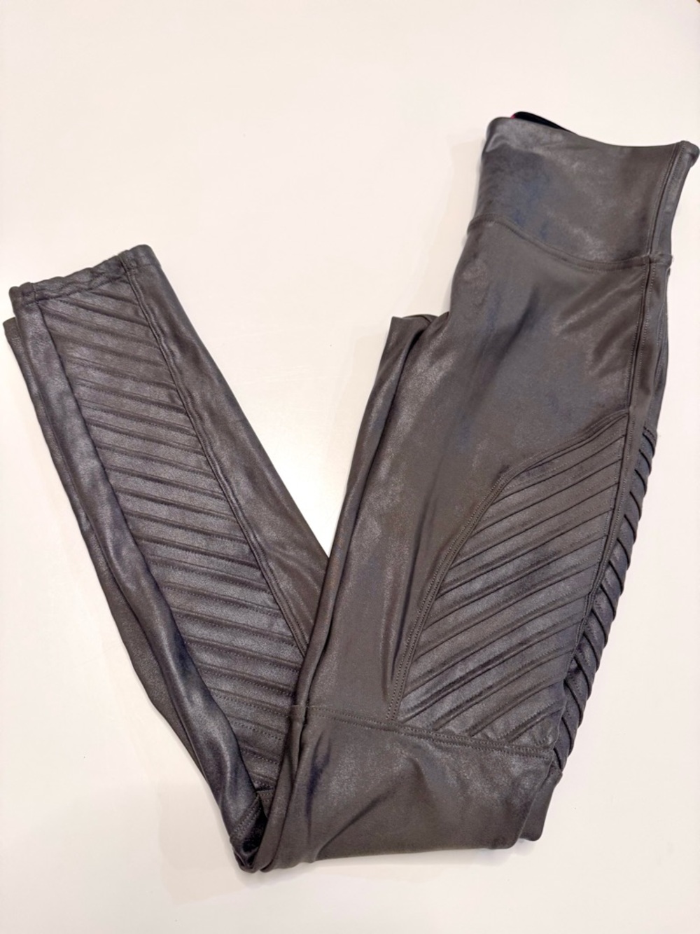 Spanx Olive Green Moto Detail Faux Leather Stretch Leggings, size S